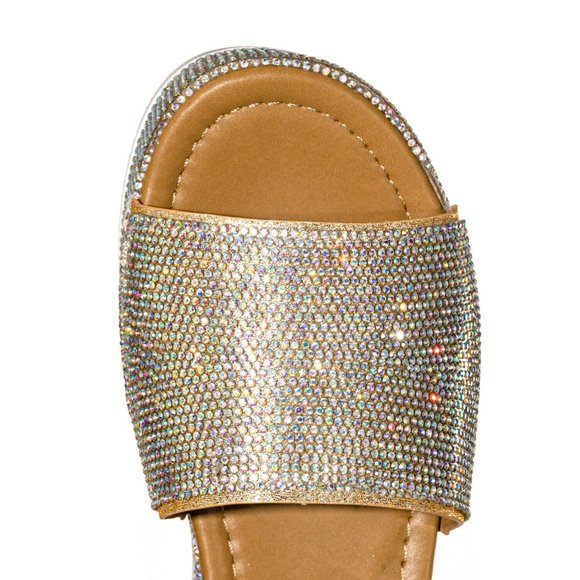 NEW Sparkling Rainbow Rhinestone Open Toe Sandals Flat Platform Heel Ankle Strap - Picture 9 of 11